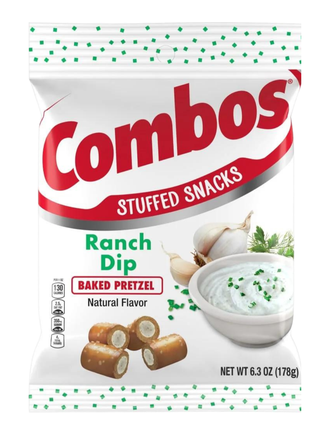 COMBOS Ranch Dip Baked Pretzel Stuffed Snacks, 6.3 Oz Bag (Pack of 12)