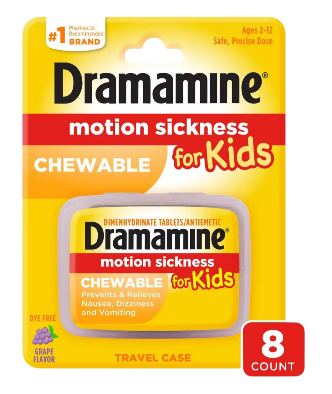 Dramamine Kids Chewable Motion Sickness Relief Tablets for Nausea, Dizziness & Vomiting - Grape - 8ct