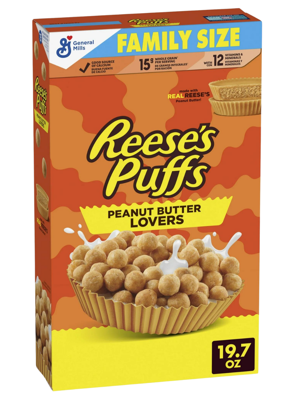 REESE’S PUFFS Peanut Butter Lovers Cereal, Made with Whole Grain, Family Size, 19.7 oz
