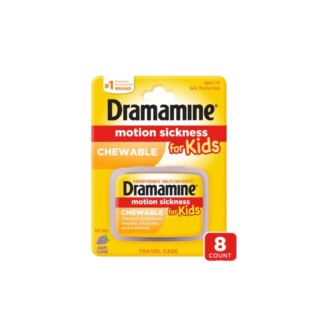 Dramamine Kids Chewable Motion Sickness Relief Tablets for Nausea, Dizziness & Vomiting - Grape - 8ct