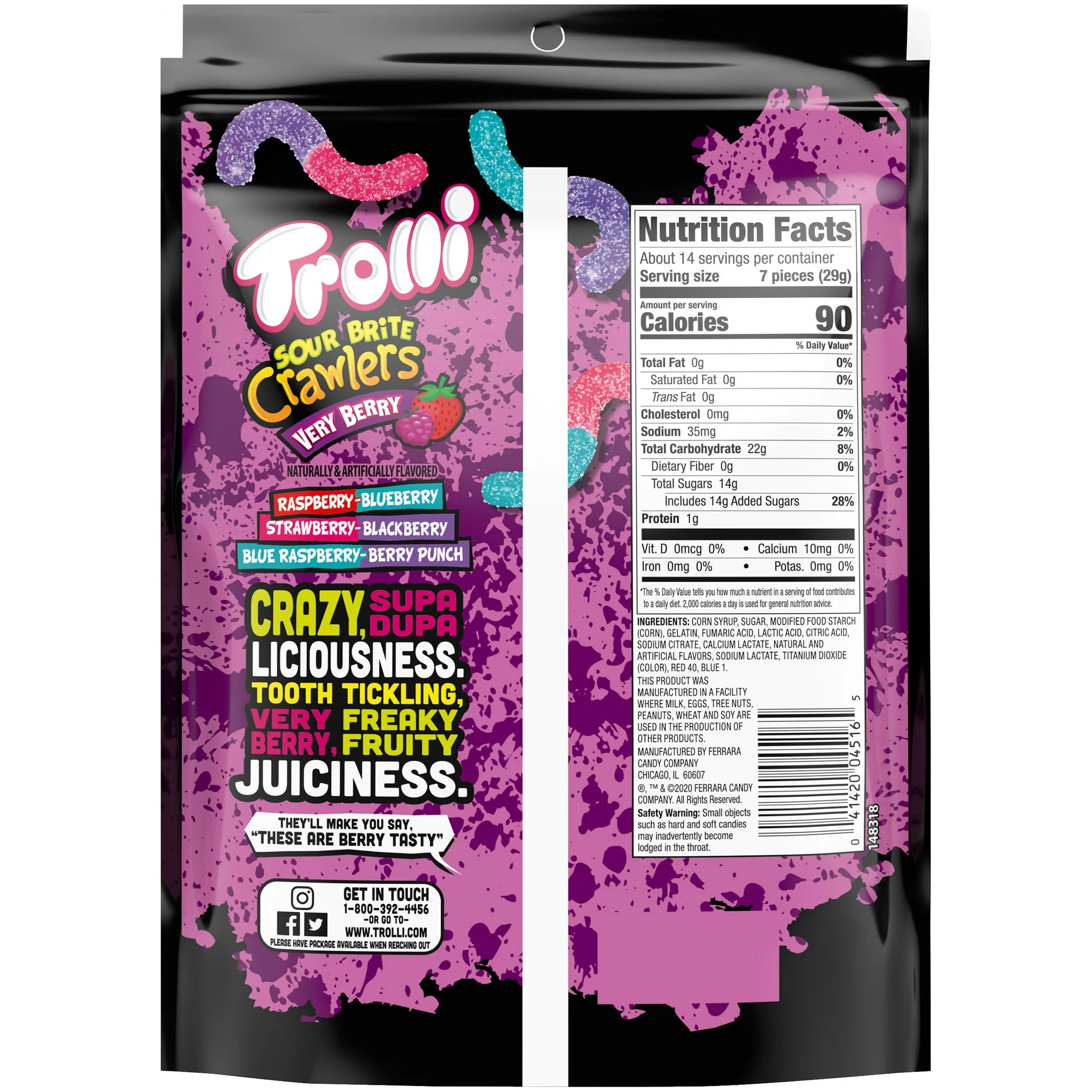 Trolli Sour Brite Crawlers Candy, Very Berry Sour Gummy Worms, 14 oz