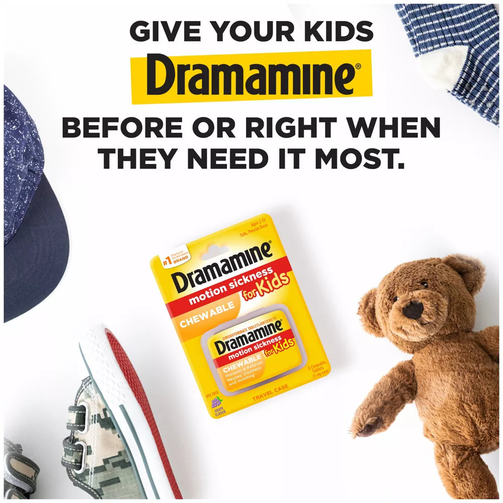Dramamine Kids Chewable Motion Sickness Relief Tablets for Nausea, Dizziness & Vomiting - Grape - 8ct