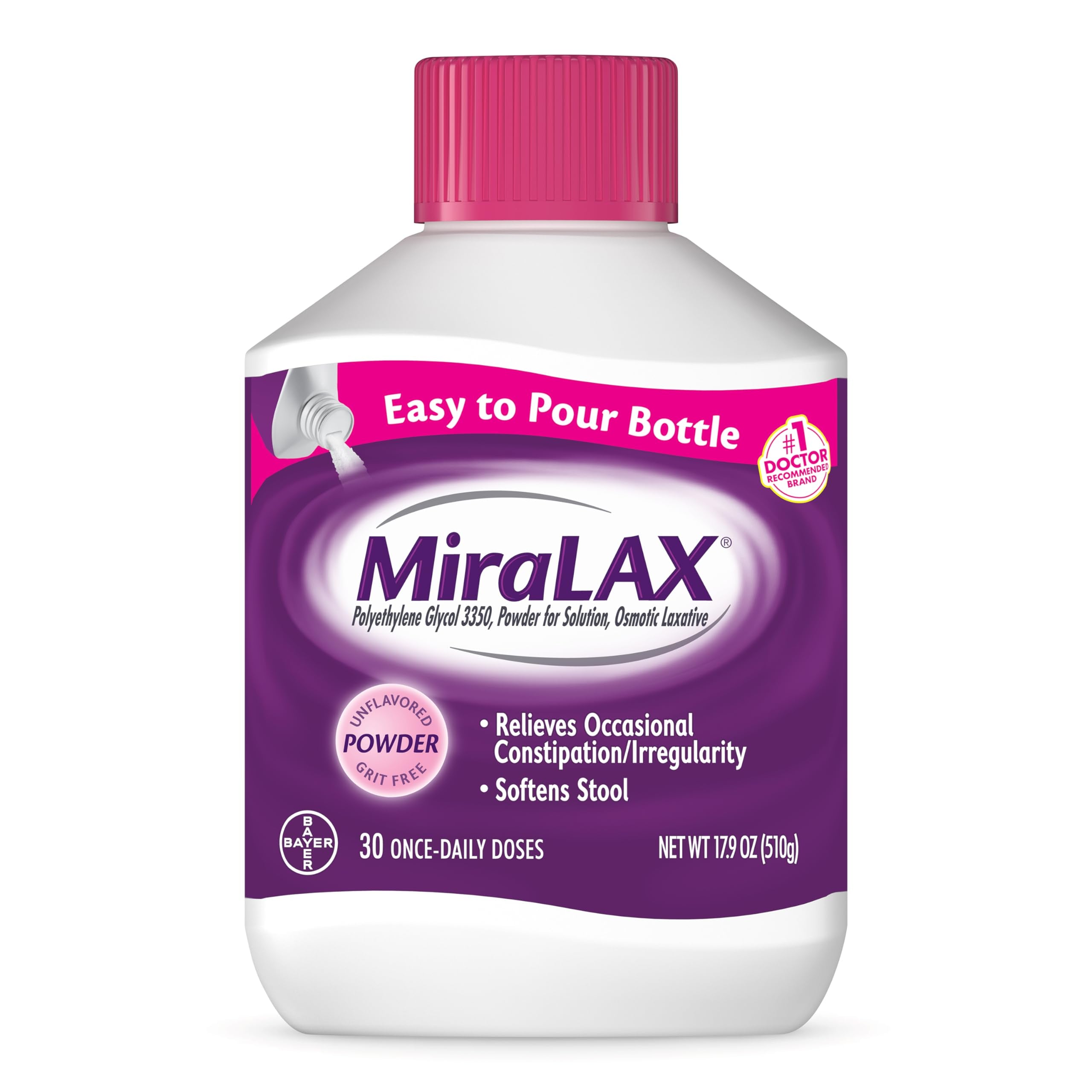 MiraLAX Laxative Powder for Gentle Constipation Relief, Stool Softener, 30 Doses