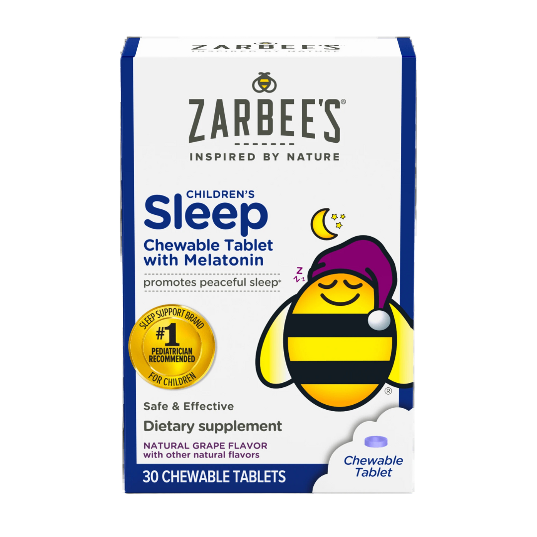 Zarbee's Kids 1mg Melatonin Chewable Tablet, Drug-Free & Effective Sleep Supplement, Easy to Take Natural Grape Flavor Tablets for Children Ages 3 and Up, 30